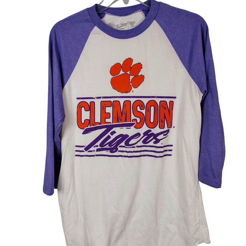 The Victory Clemson Tigers Raglan Shirt Mens Medium Purple White 3/4 Sleeve T294